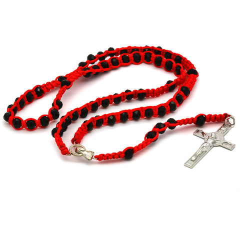 8MM Black Crystal Red Fabric Rosary With Cross Pendant
