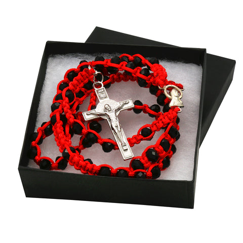8MM Black Crystal Red Fabric Rosary With Cross Pendant