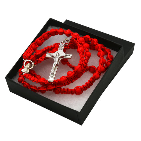 8MM Red Crystal Fabric Rosary With Cross Pendant