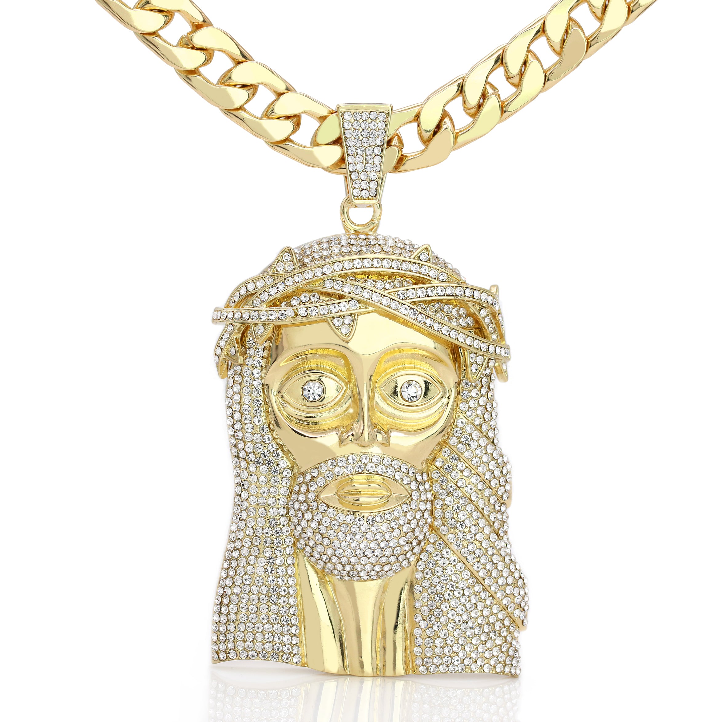 XL Thorn Crown Jesus Pendant & 14mm Flat Cuban Chain – 4" Hip Hop Shine