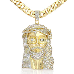 XL Thorn Crown Jesus Pendant & 14mm Flat Cuban Chain – 4" Hip Hop Shine