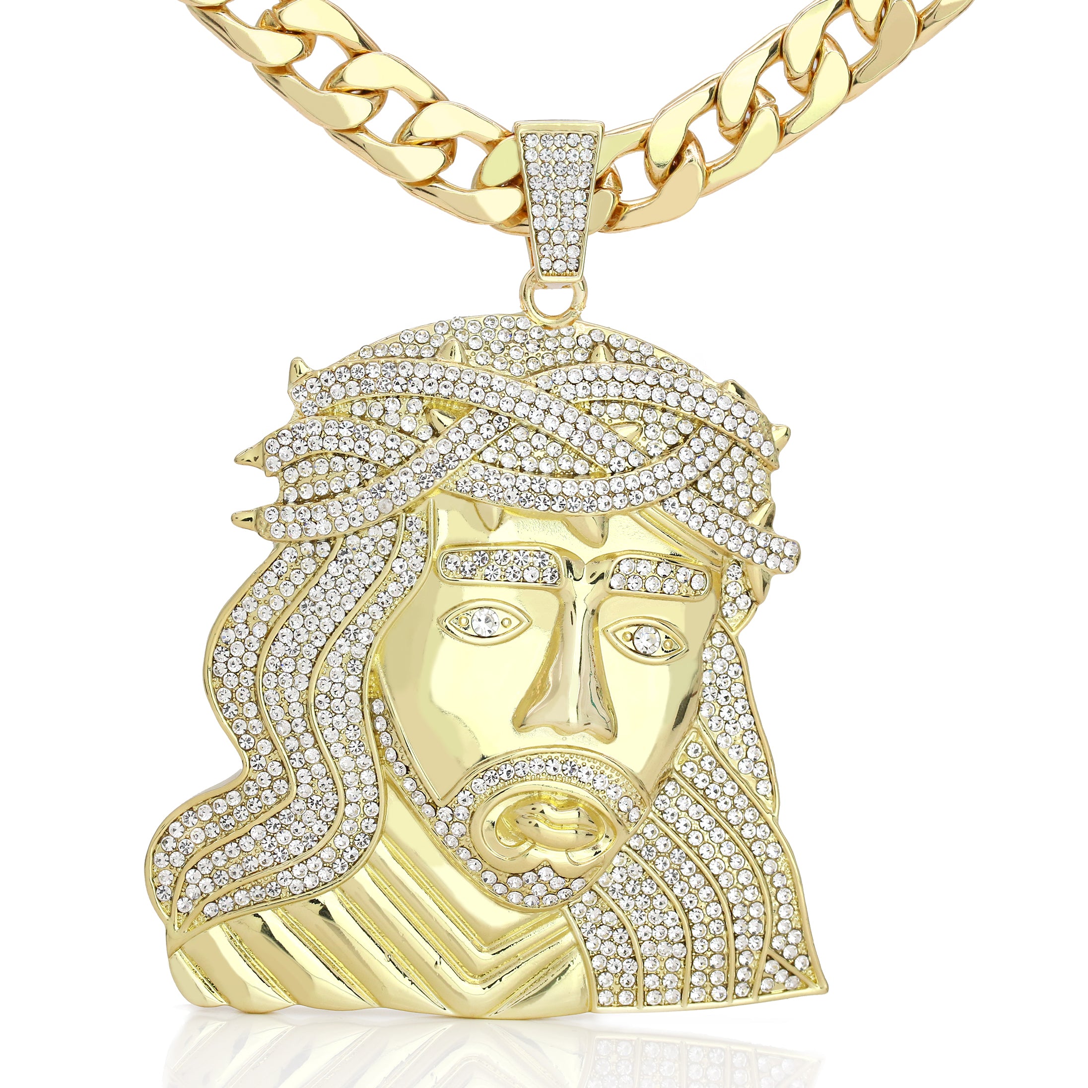 XXL Crowned Jesus Wide Face Pendant & 14mm Flat Cuban Chain – 4" Bling