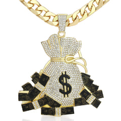 XXL Big Money Bag Pendant & 14mm Flat Cuban Chain – 4" Hip Hop Bling