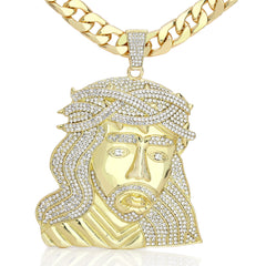 XXL Crowned Jesus Wide Face Pendant & 14mm Flat Cuban Chain – 4" Bling
