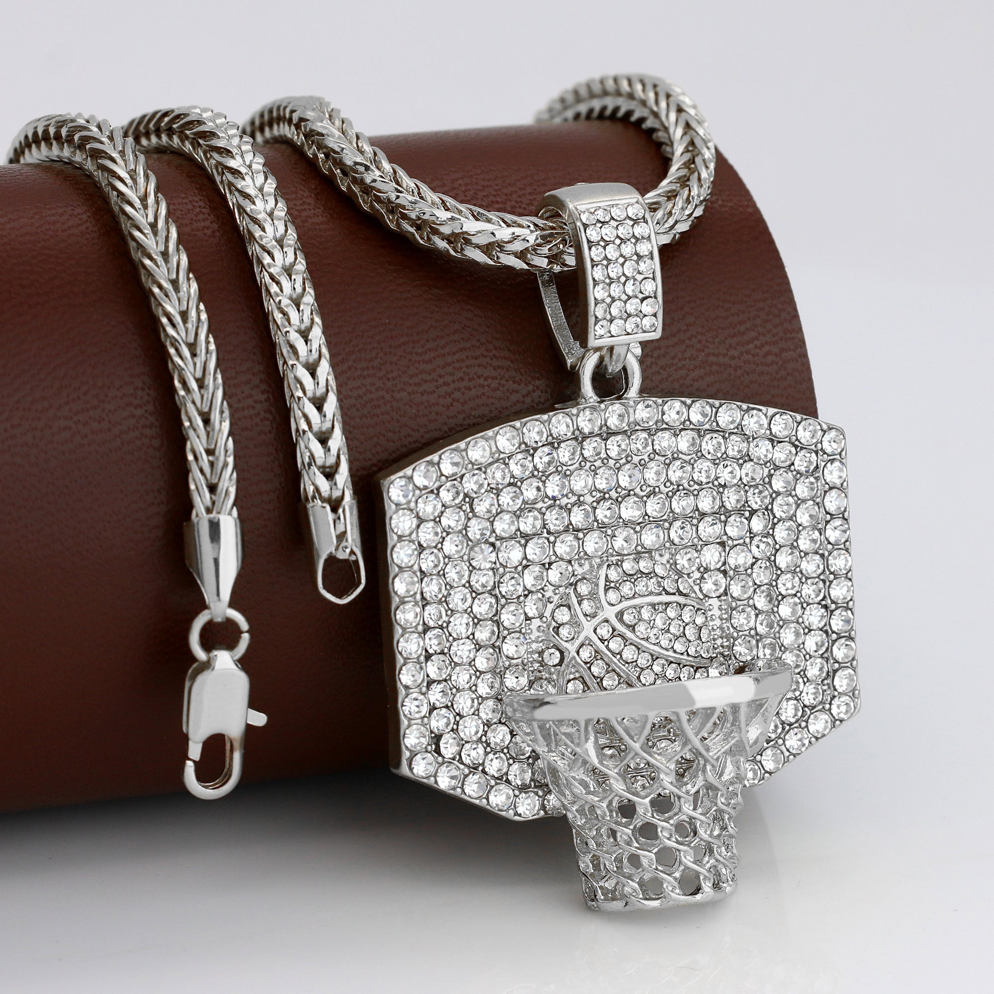 Dunk Basketball Iced out Pendant Silver Plated Franco Chain 4mm 20"