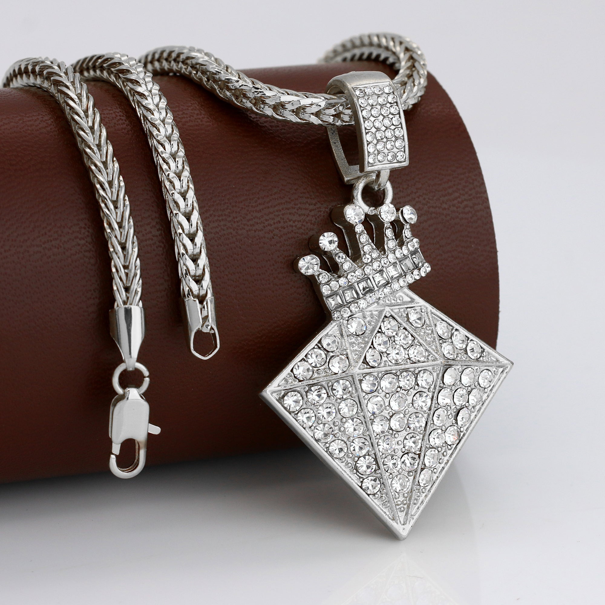 Diamond Crowned Iced out Pendant Silver Plated Franco Chain 4mm 20"