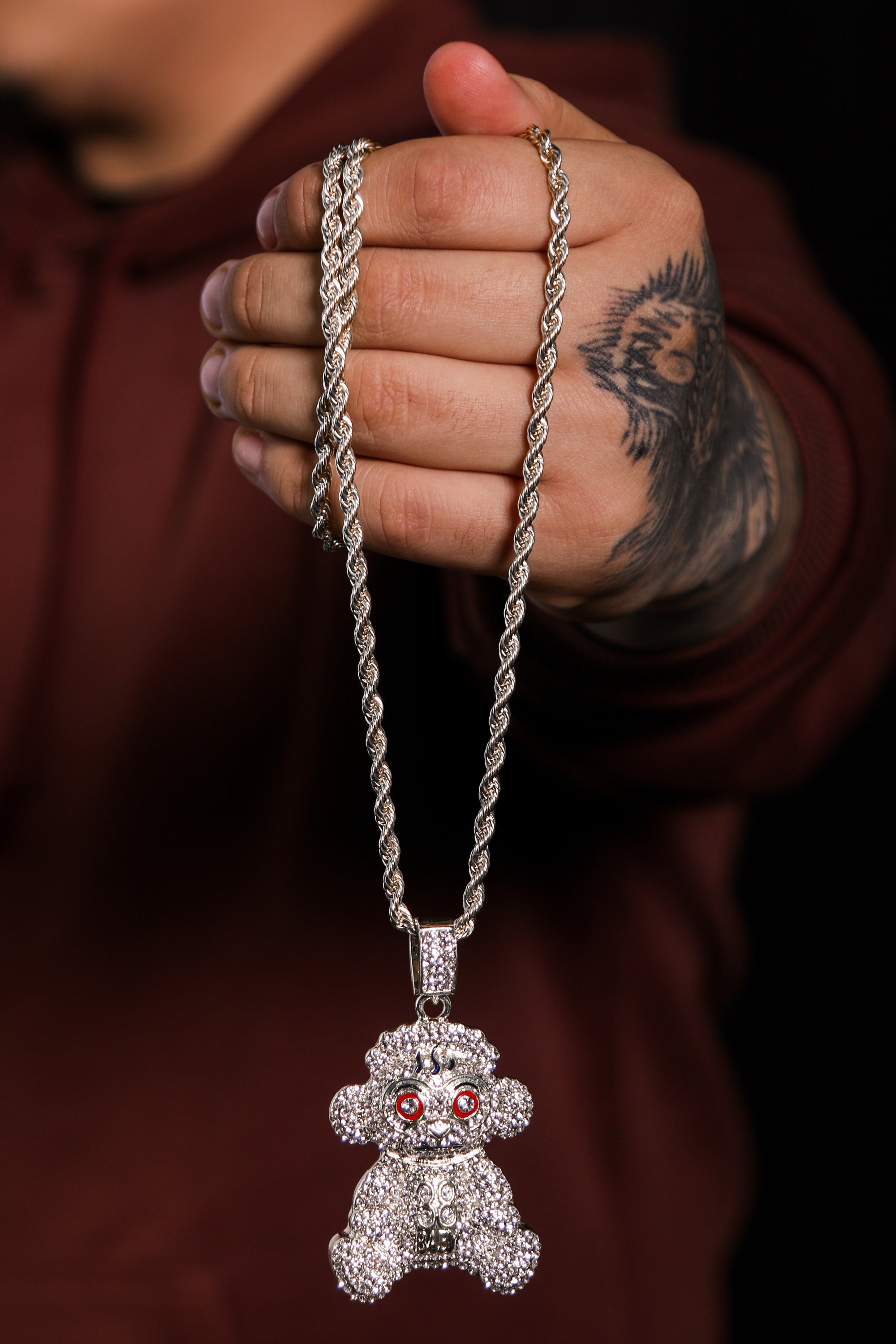 Baby 38 Iced out Pendant Silver Plated Rope Chain 4mm 24"