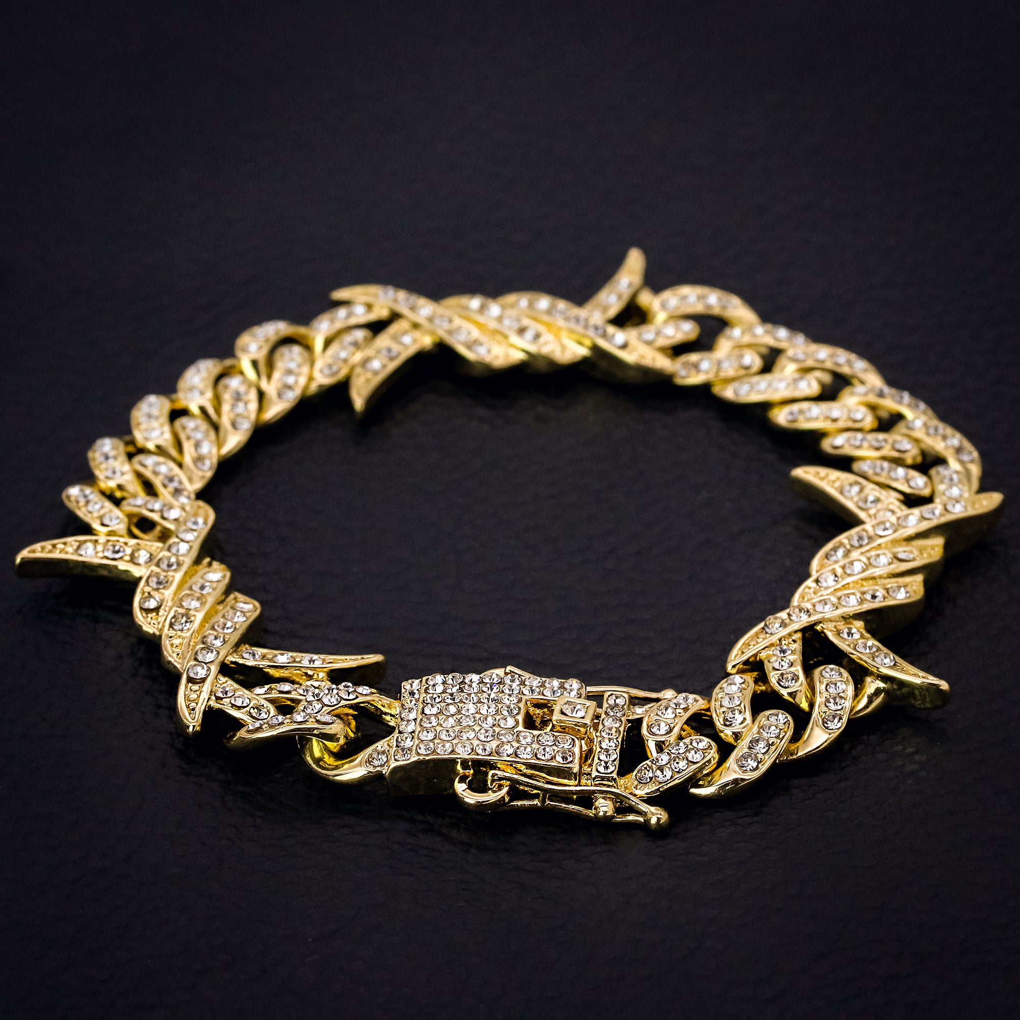Barbed Wire Bracelet Cuban Link Iced 14k Gold Plated 9"
