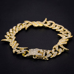 Barbed Wire Bracelet Cuban Link Iced 14k Gold Plated 9"