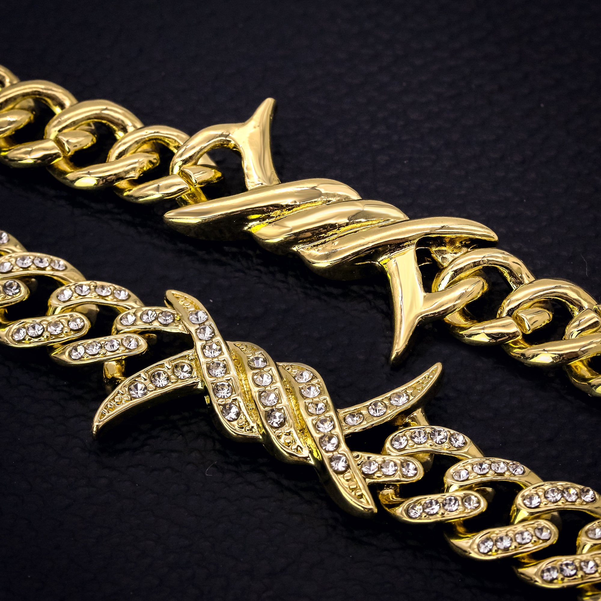 Barbed Wire Bracelet Cuban Link Iced 14k Gold Plated 9"