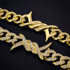 Barbed Wire Bracelet Cuban Link Iced 14k Gold Plated 9"