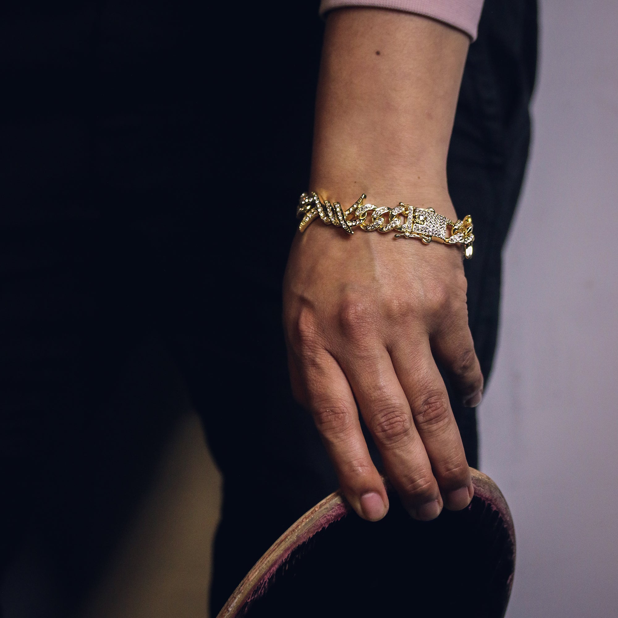 Barbed Wire Bracelet Cuban Link Iced 14k Gold Plated 9"