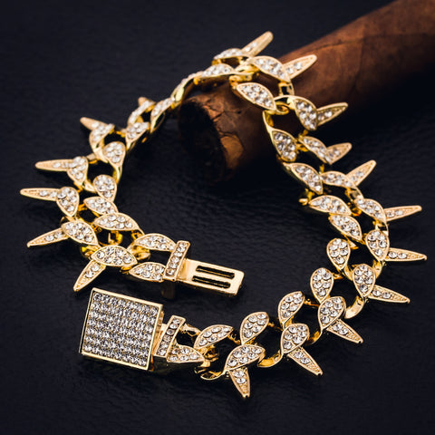 Spiky Cuban Bracelet Link Fully Iced 14k Gold Plated 9"