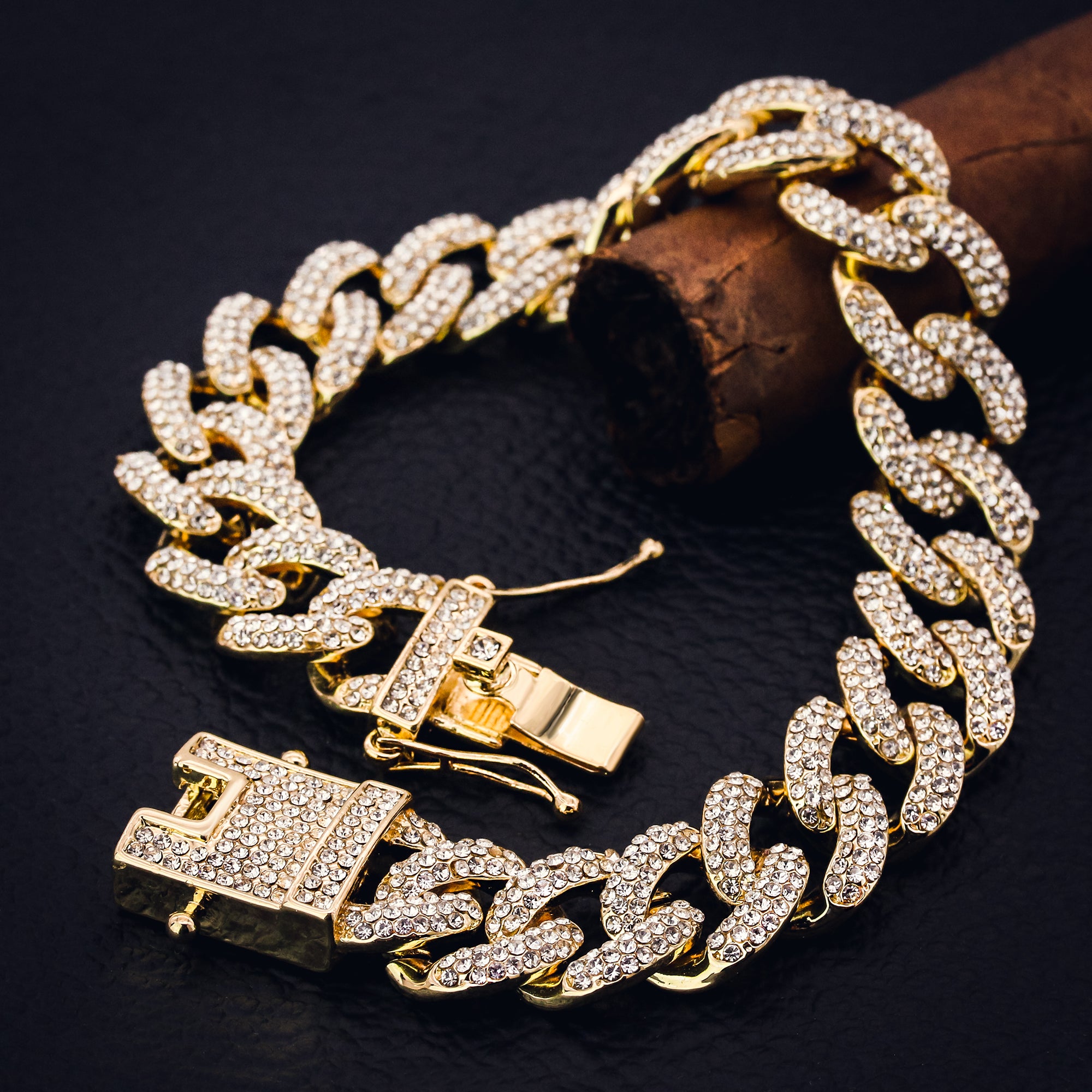 Thick Cuban Bracelet Link Fully Iced 14k Gold Plated 9" Box Clasp