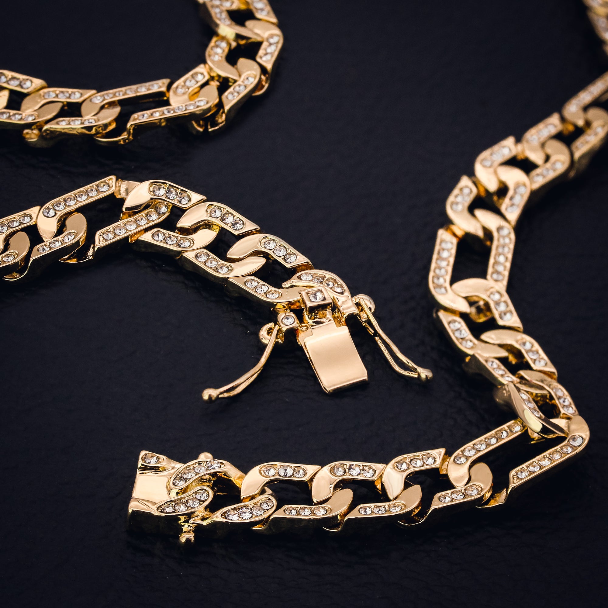 Figaro Bracelet Link Fully Iced 14k Gold Plated 9" Box Clasp