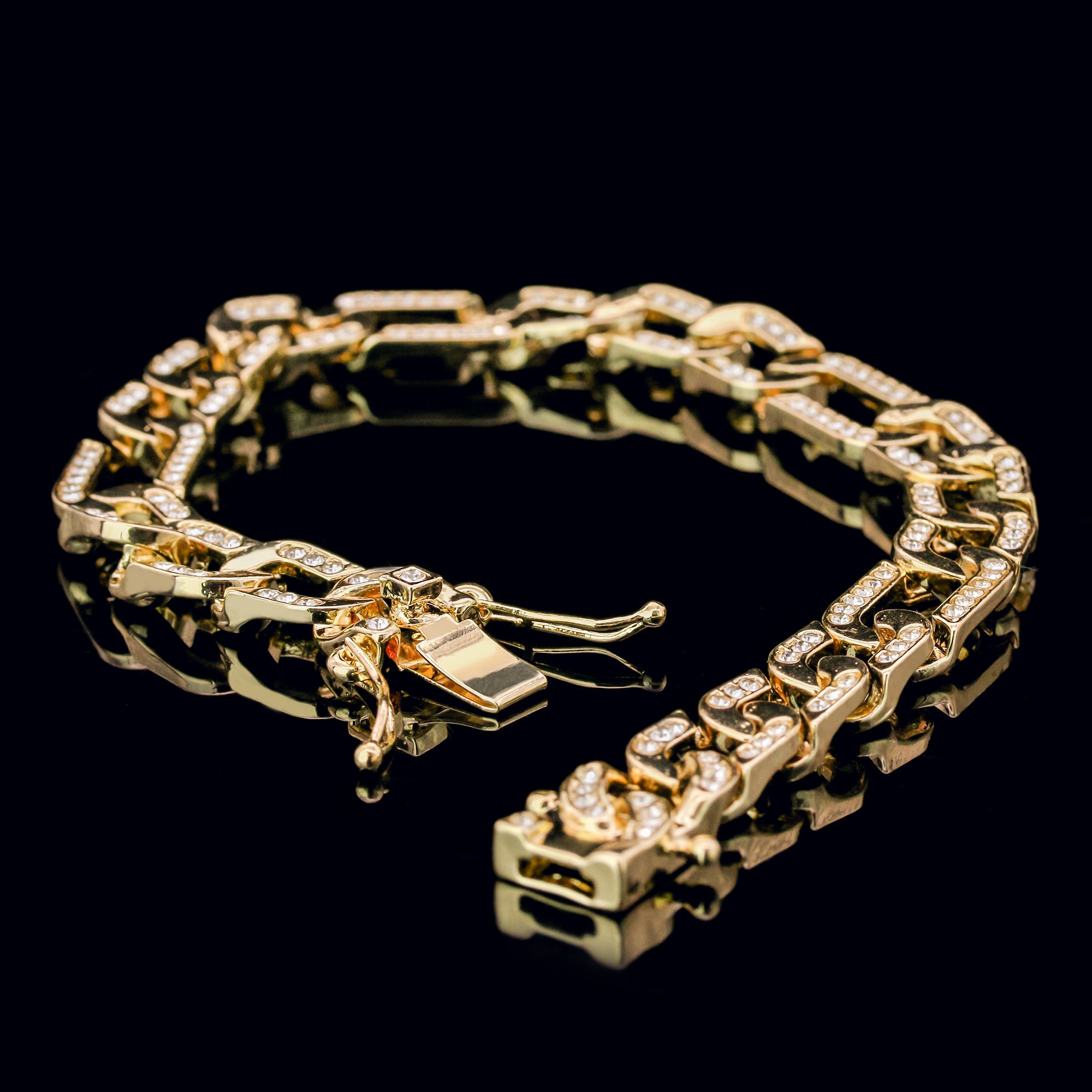 Figaro Bracelet Link Fully Iced 14k Gold Plated 9" Box Clasp
