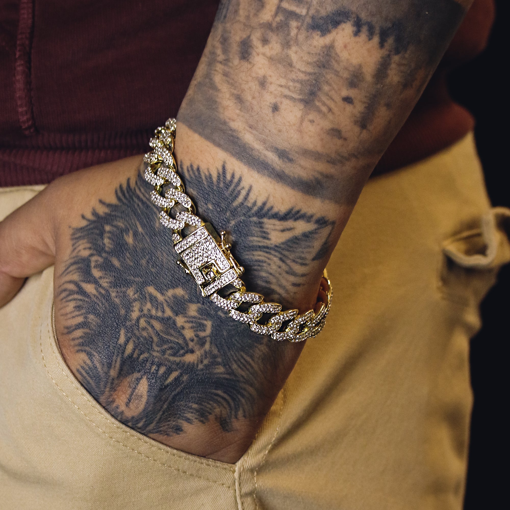 Thick Cuban Bracelet Link Fully Iced 14k Gold Plated 9" Box Clasp