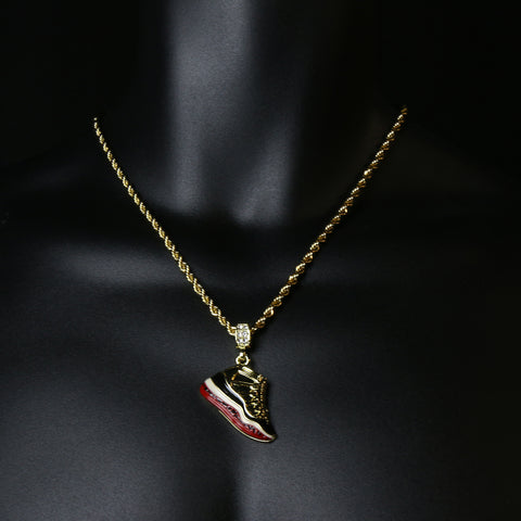 11 Retro Bred Shoe 14k Gold Pendant 20" Inch 4mm Rope Choker Chain