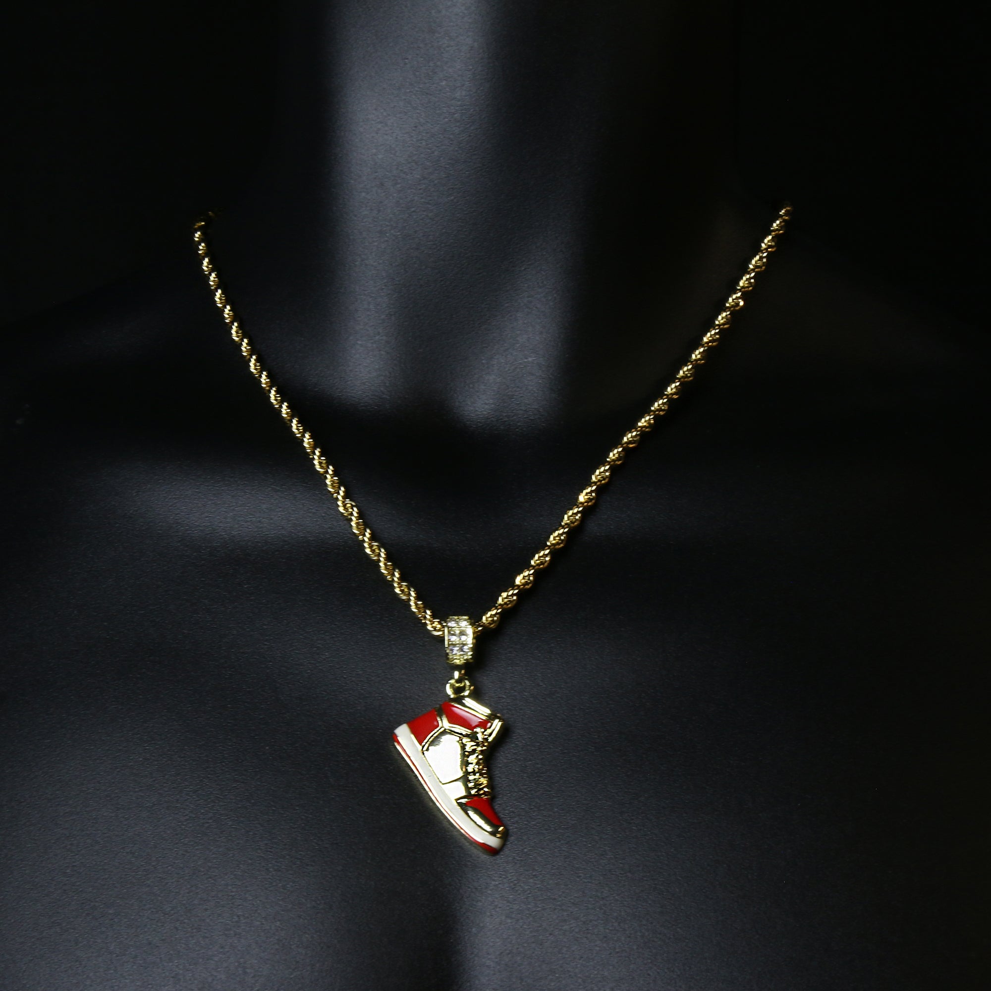 Retro 1 " Red " Shoe 14k Gold Pendant 20" Inch 4mm Rope Choker Chain