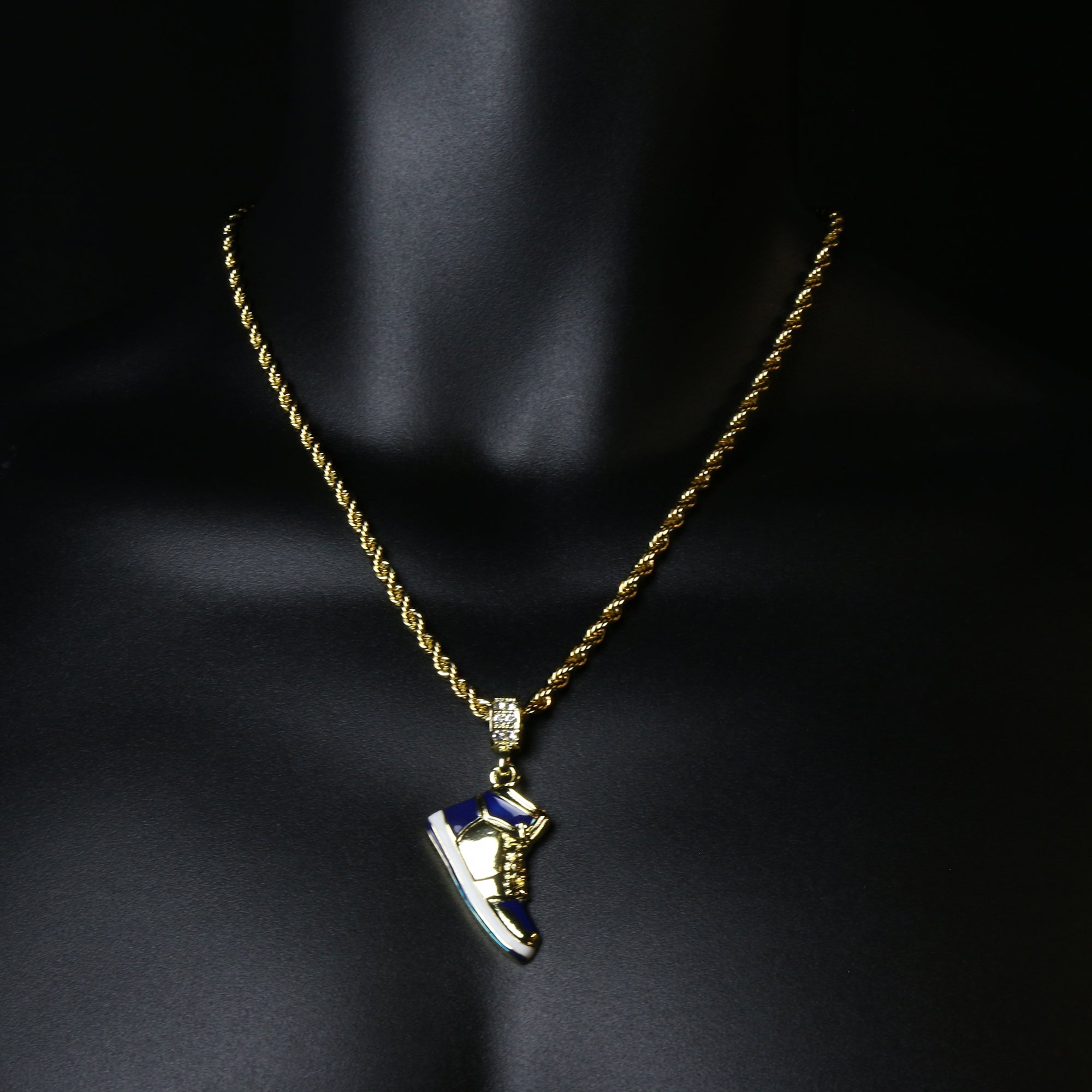 Retro 1 " Blue " Shoe 14k Gold Pendant 20" Inch 4mm Rope Choker Chain