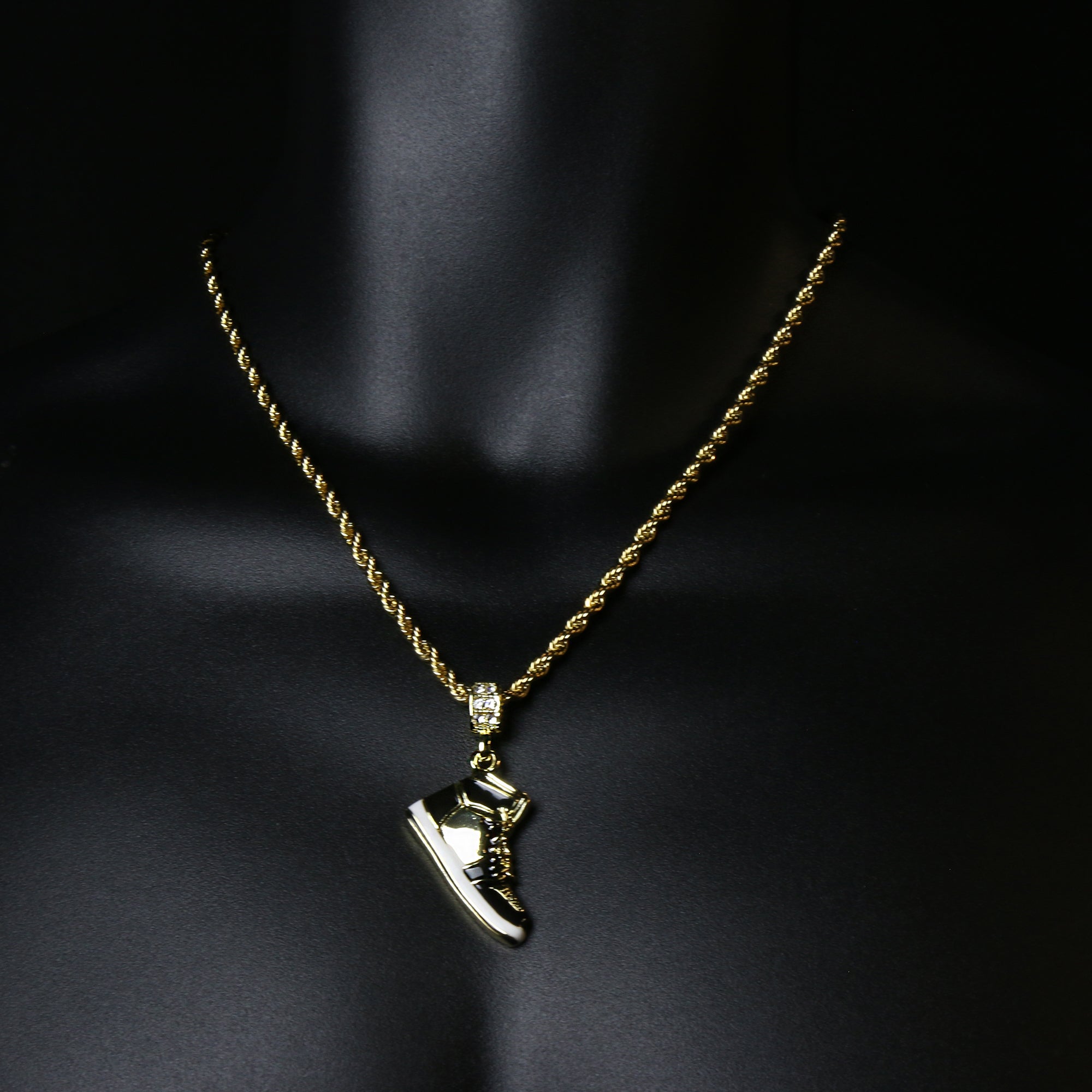 Retro 1 " Black " Shoe 14k Gold Pendant 20" Inch 4mm Rope Choker Chain