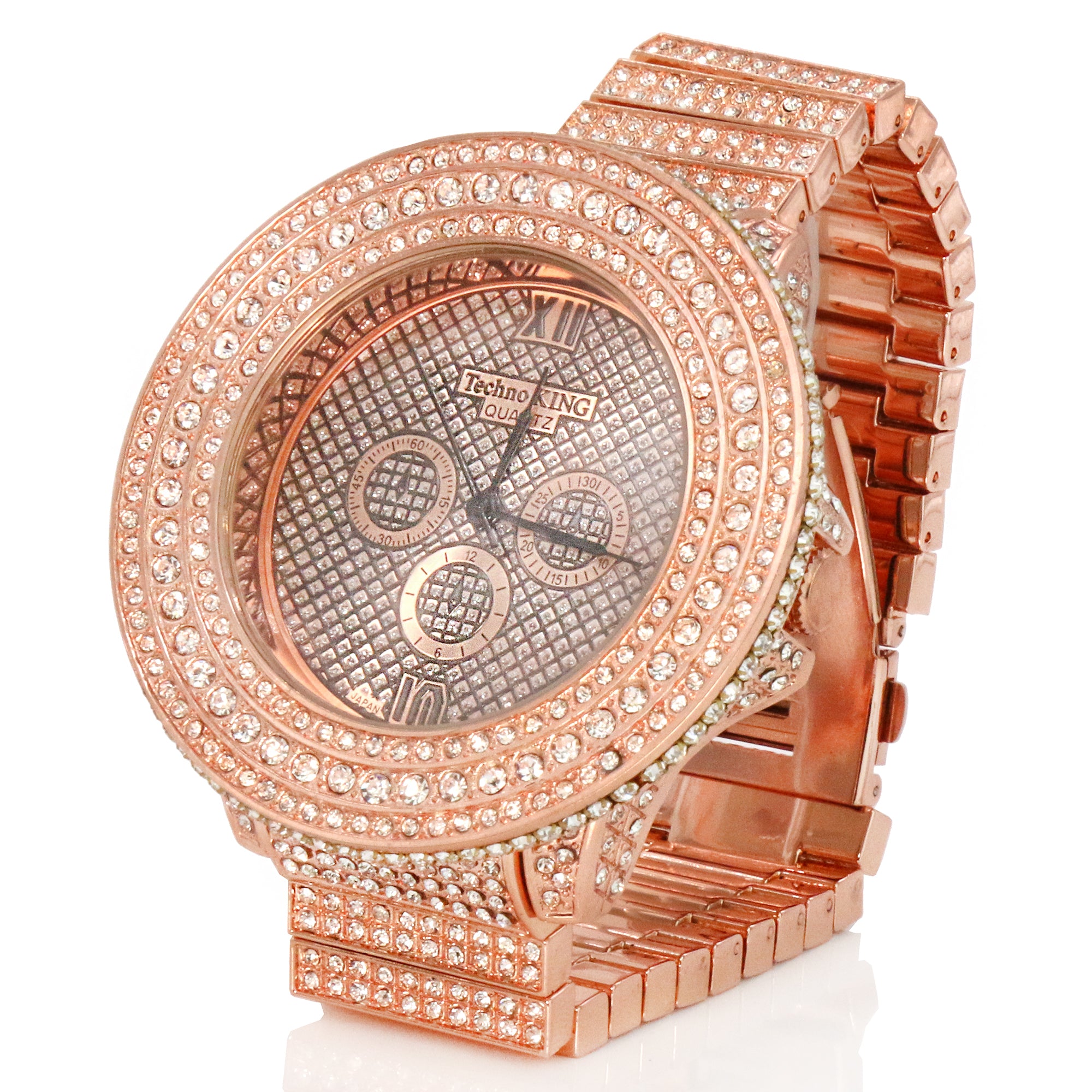 3 Rings Rose Gold Ice Out Techno KING Watch