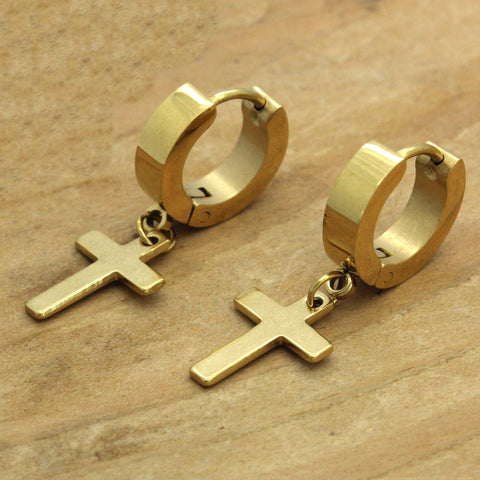 Plain Dangle Cross Huggie Hoop GOLD FILLED EARRINGS