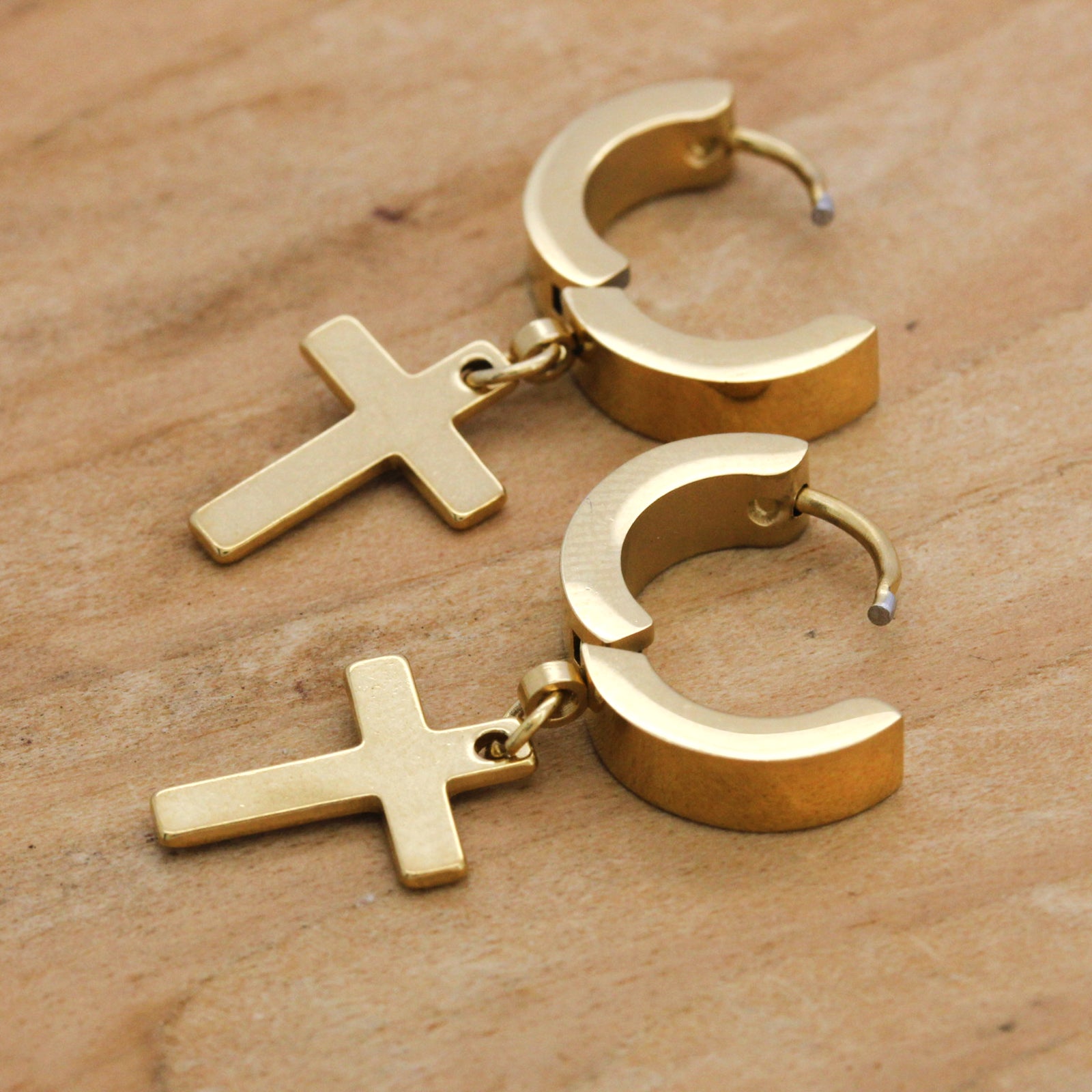 Plain Dangle Cross Huggie Hoop GOLD FILLED EARRINGS