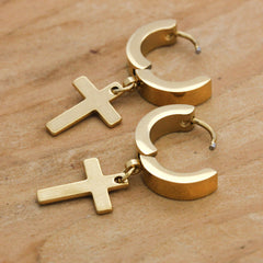 Plain Dangle Cross Huggie Hoop GOLD FILLED EARRINGS
