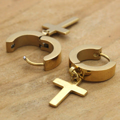 Plain Dangle Cross Huggie Hoop GOLD FILLED EARRINGS