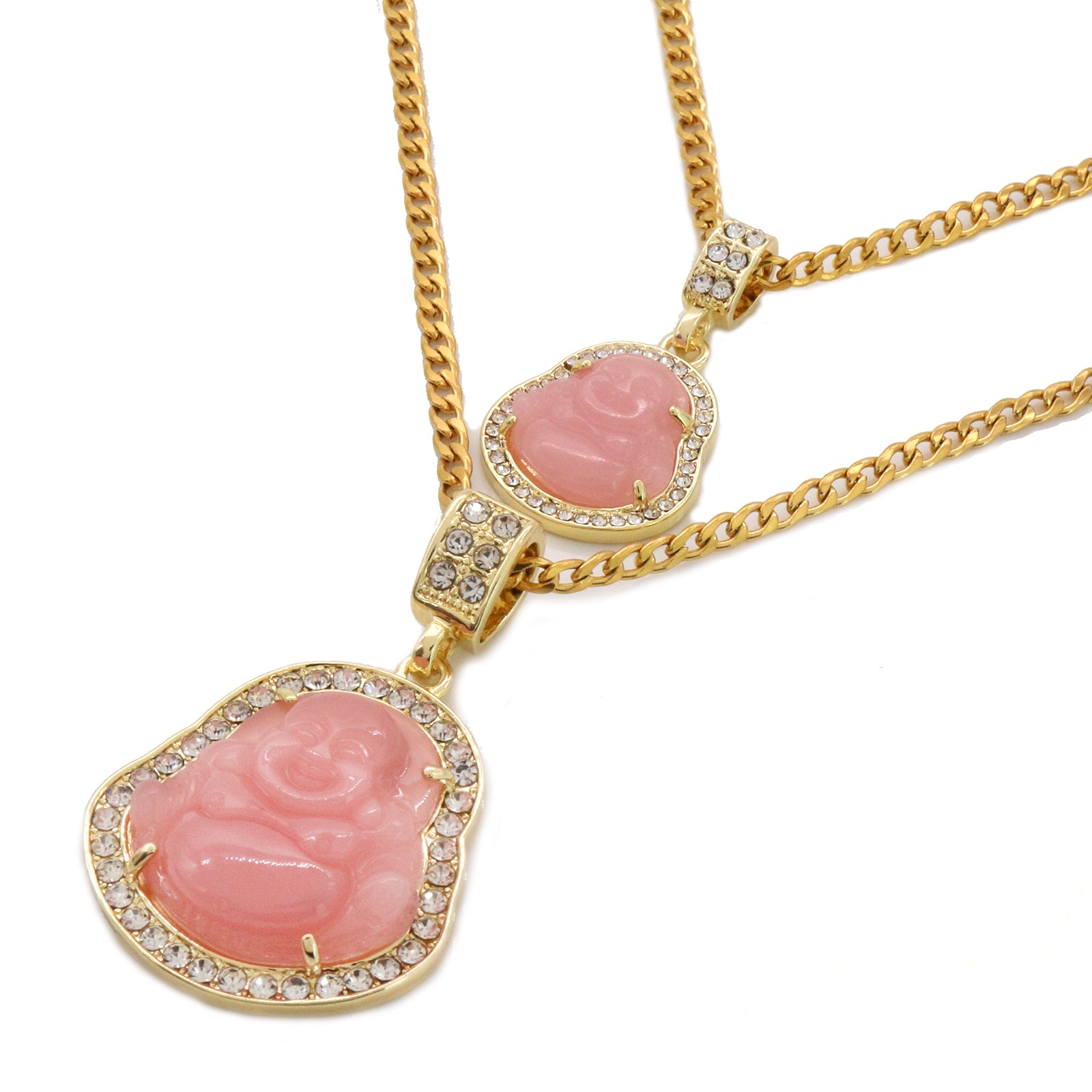4pcs L Pink Buddha Pendants 3mm 24 x 30" Gold SST Cuban Chain