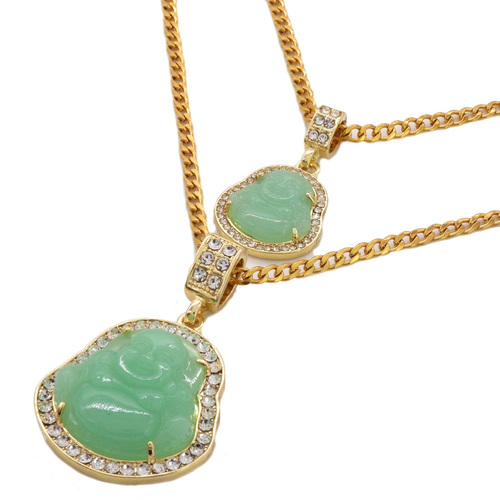 4pcs L Green Buddha Pendants 3mm 24 x 30" Gold SST Cuban Chain