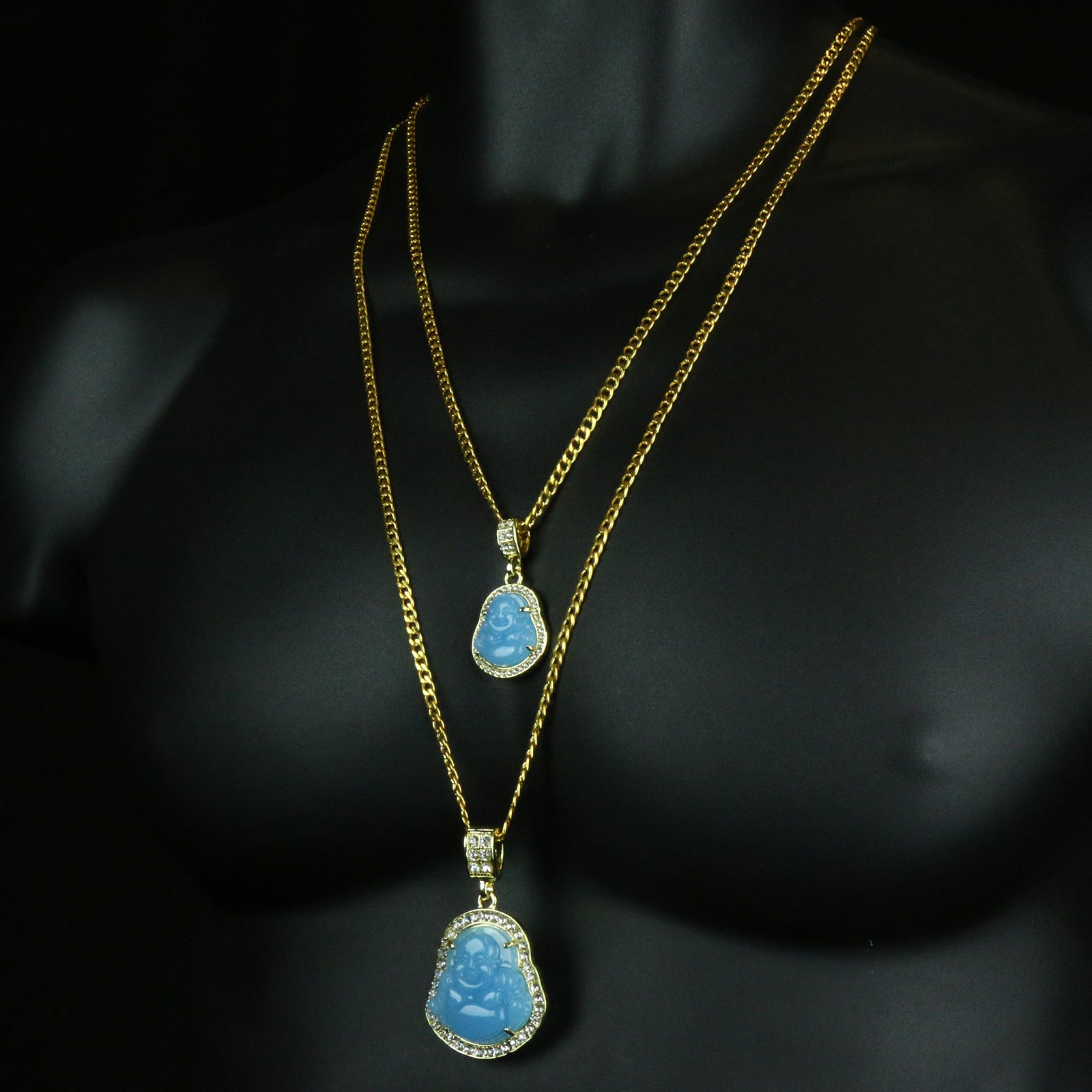 4pcs L Blue Buddha Pendants 3mm 24 x 30" Gold SST Cuban Chain