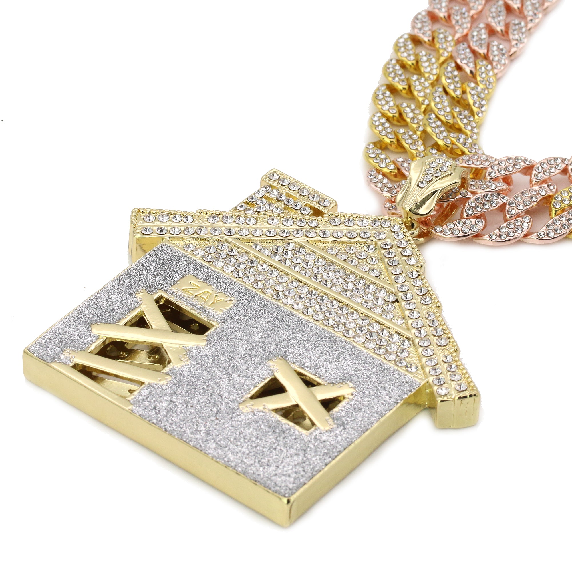 3pc Set โ Huge Stardust Bando House Pendant & 3-Tone Iced Cuban Chains 18"/20"