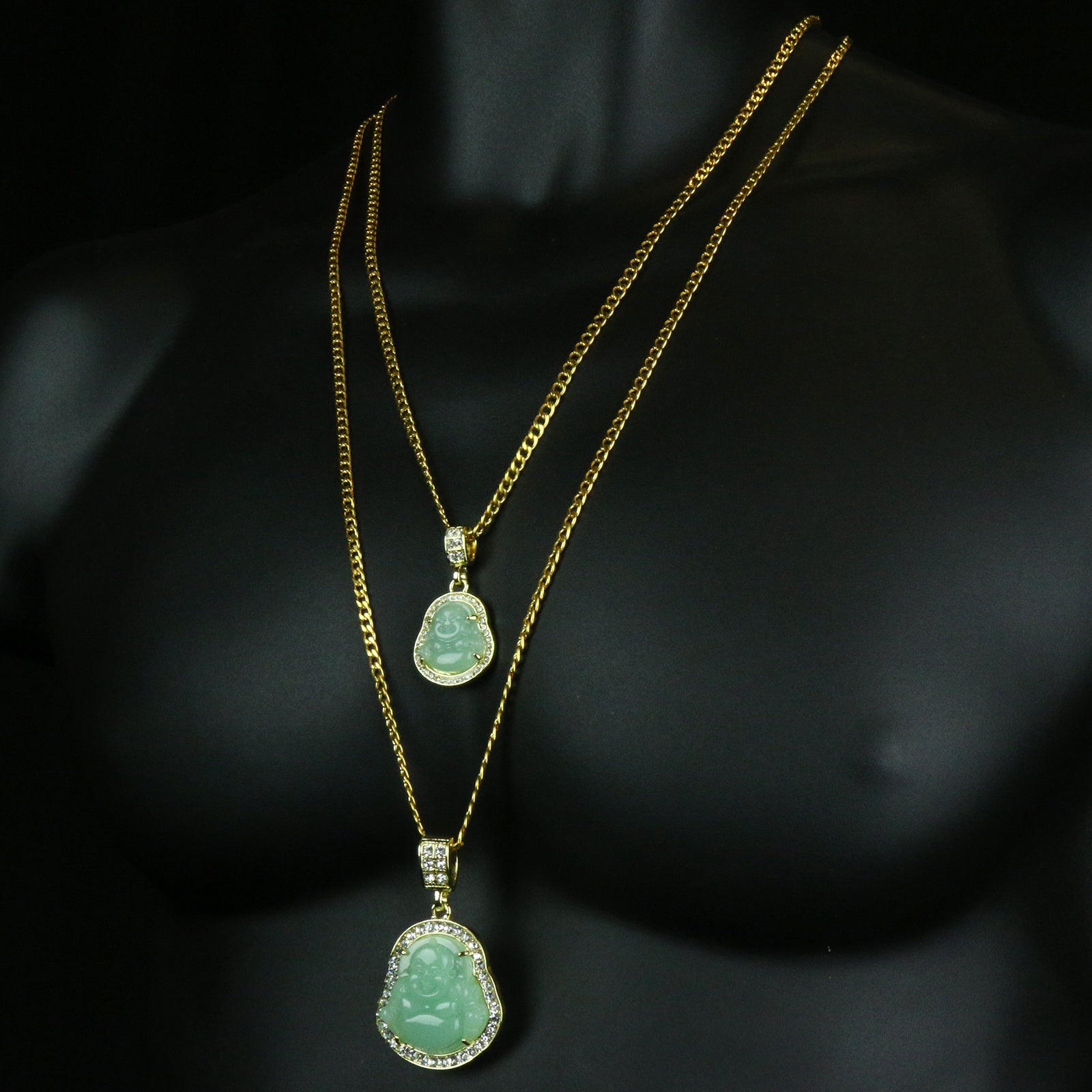 4pcs L Green Buddha Pendants 3mm 24 x 30" Gold SST Cuban Chain