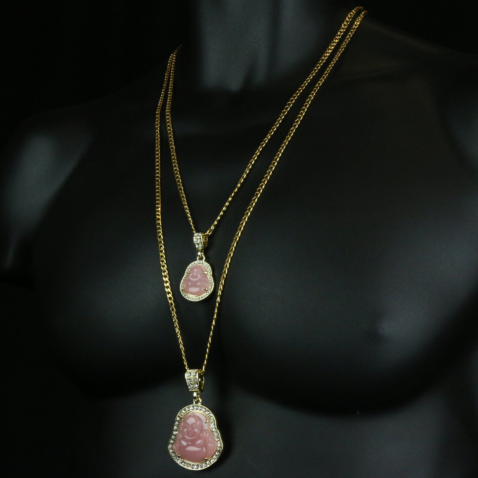 4pcs L Pink Buddha Pendants 3mm 24 x 30" Gold SST Cuban Chain