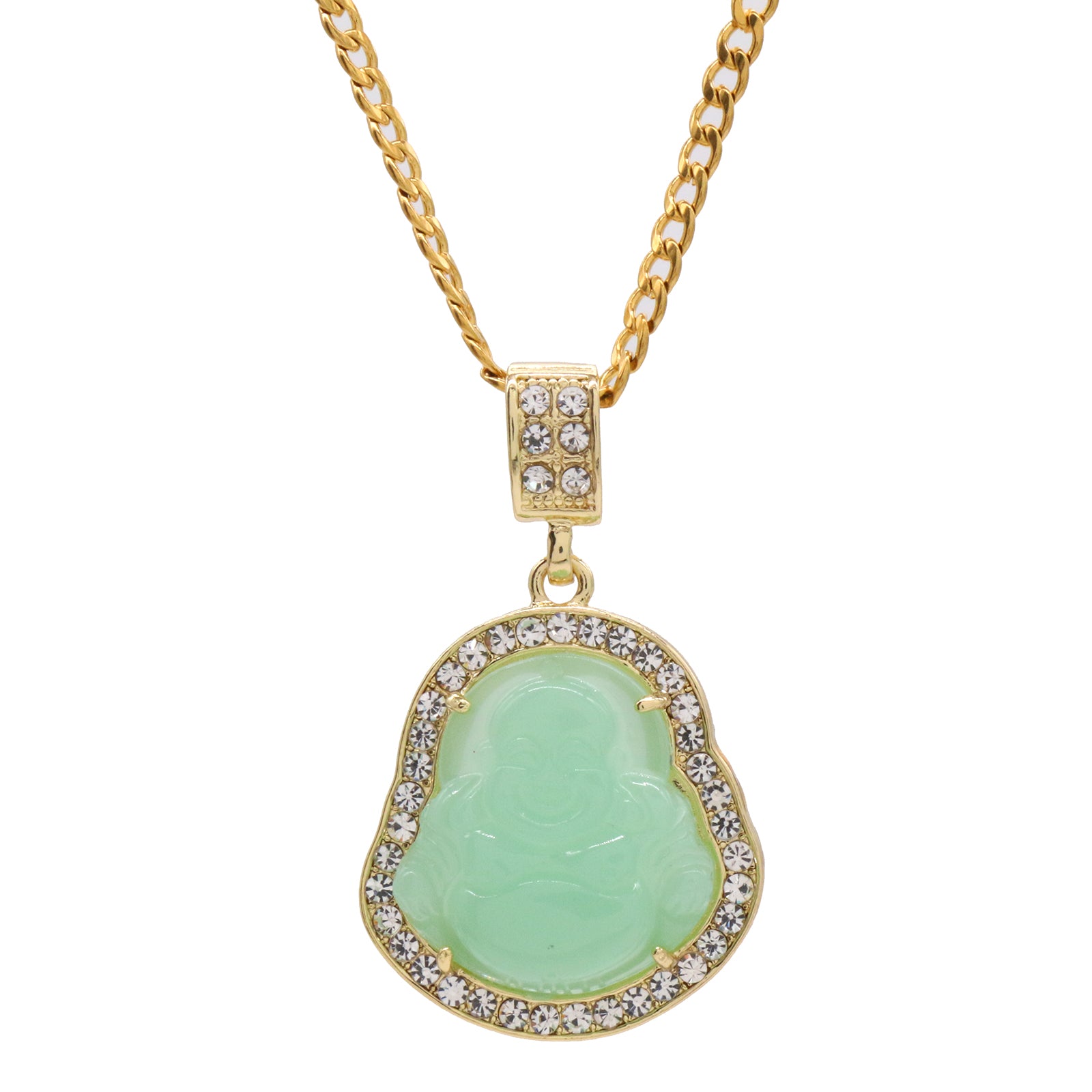 Light Green Buddha Pendant w/ 3mm 24" SST Cuban Chain