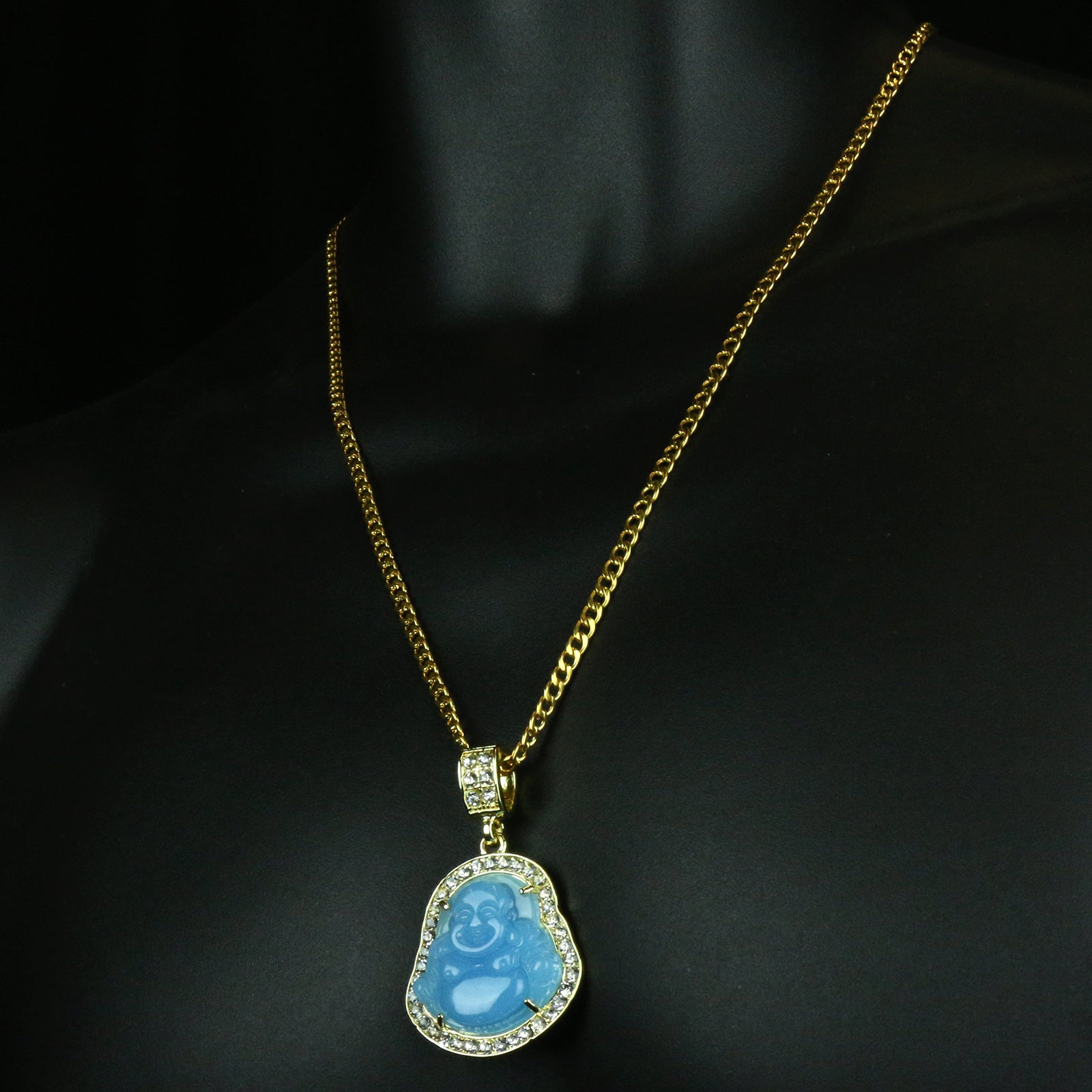 Light Blue Buddha Pendant w/ 3mm 24" SST Cuban Chain