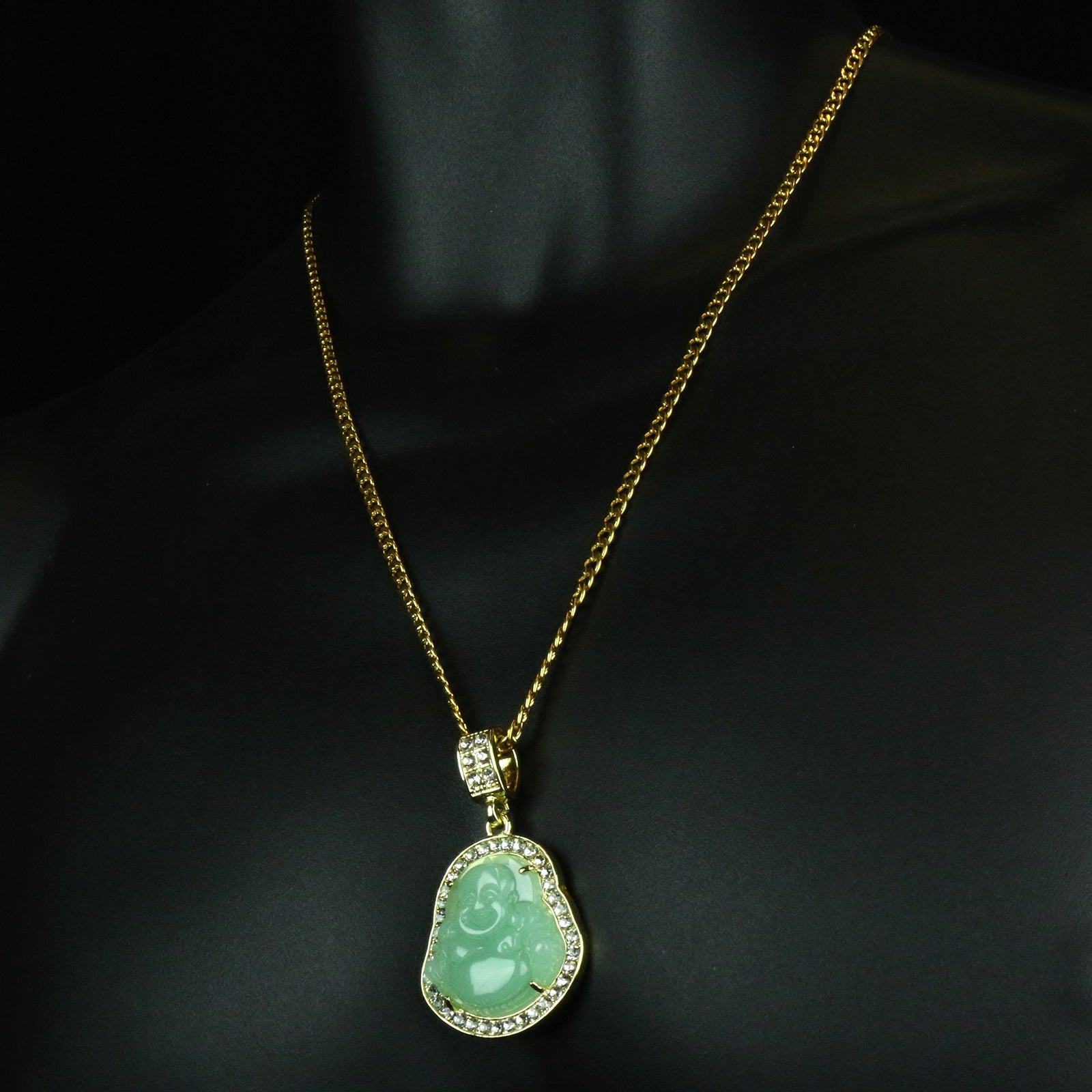 Light Green Buddha Pendant w/ 3mm 24" SST Cuban Chain