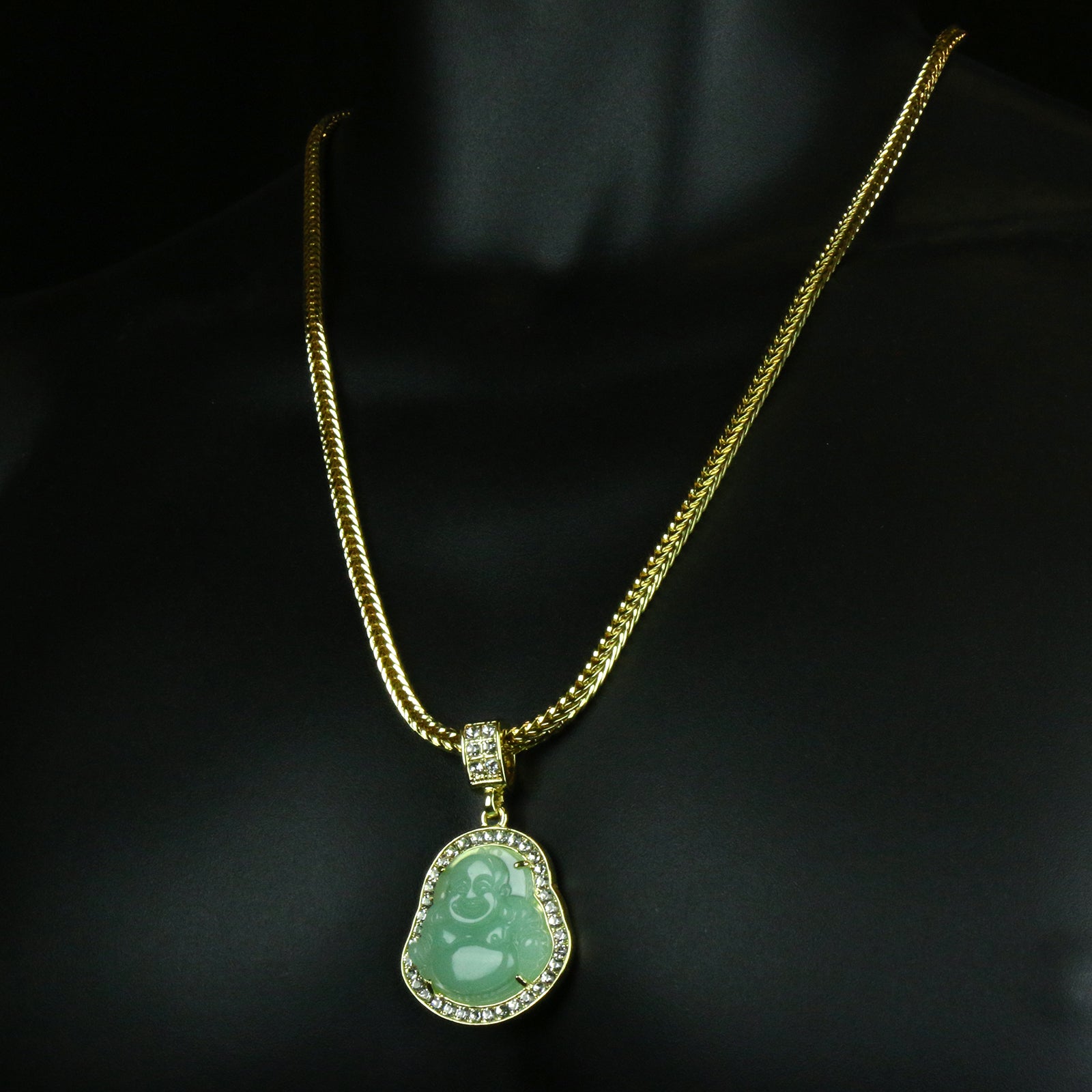 Light Green Buddha Pendant w/ 4mm 24" Franco Chain
