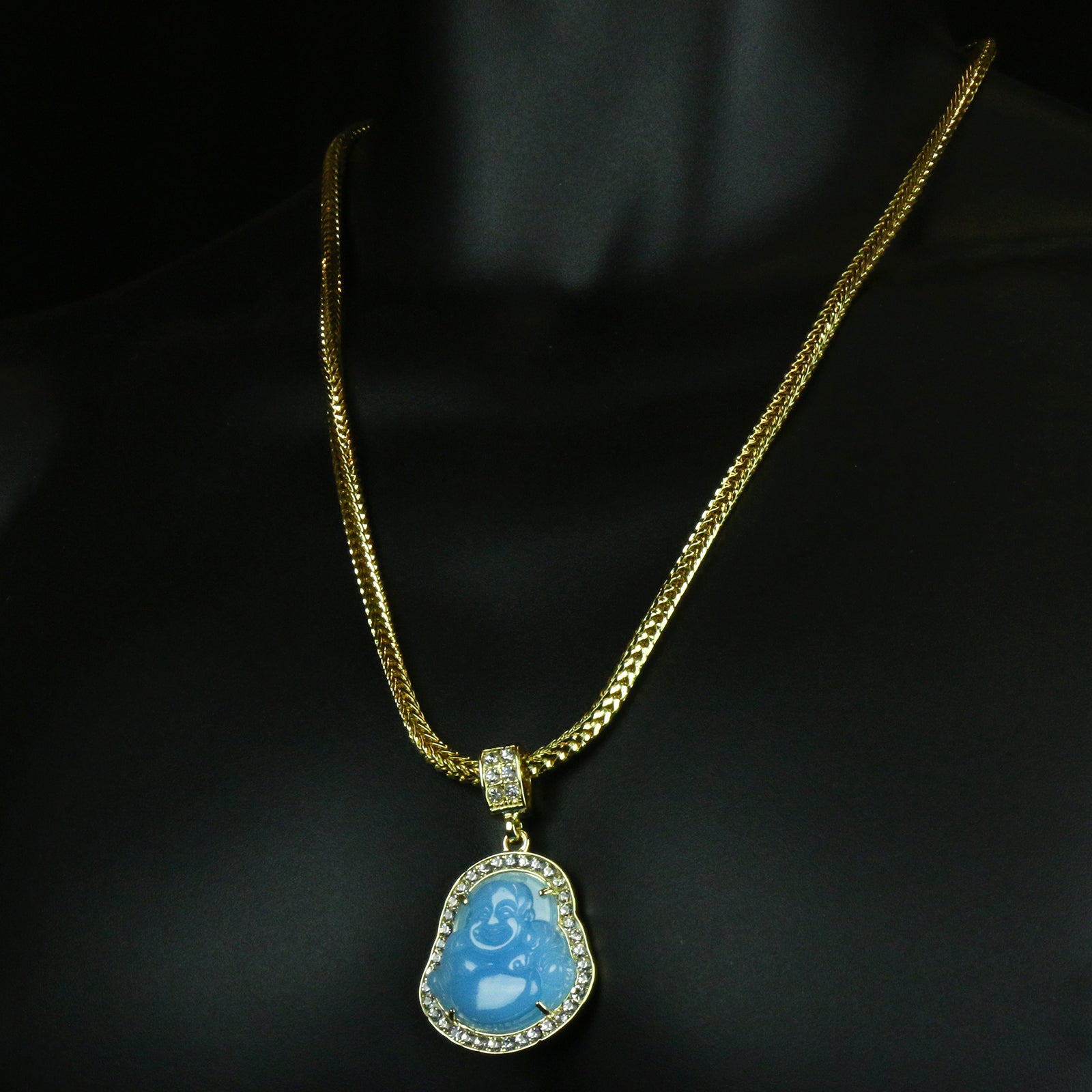 Light Blue Buddha Pendant w/ 4mm 24" Franco Chain
