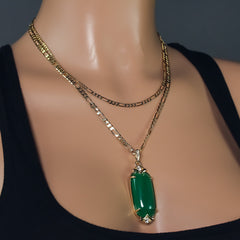 Exquisite Iced Green Jade Long Oval Shape 14k Gold PT Pendant 18"20" Figaro Chains