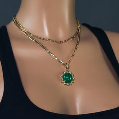 Copy of Exquisite Iced Green Jade Round Shape 14k Gold PT Pendant 18"20" Figaro Chains
