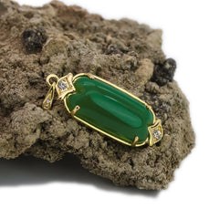 Exquisite Iced Green Jade Long Oval Shape 14k Gold PT Pendant 18"20" Figaro Chains
