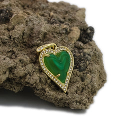 Exquisite Iced Green Jade Heart Shape 14k Gold PT Pendant 18"20" Figaro Chains