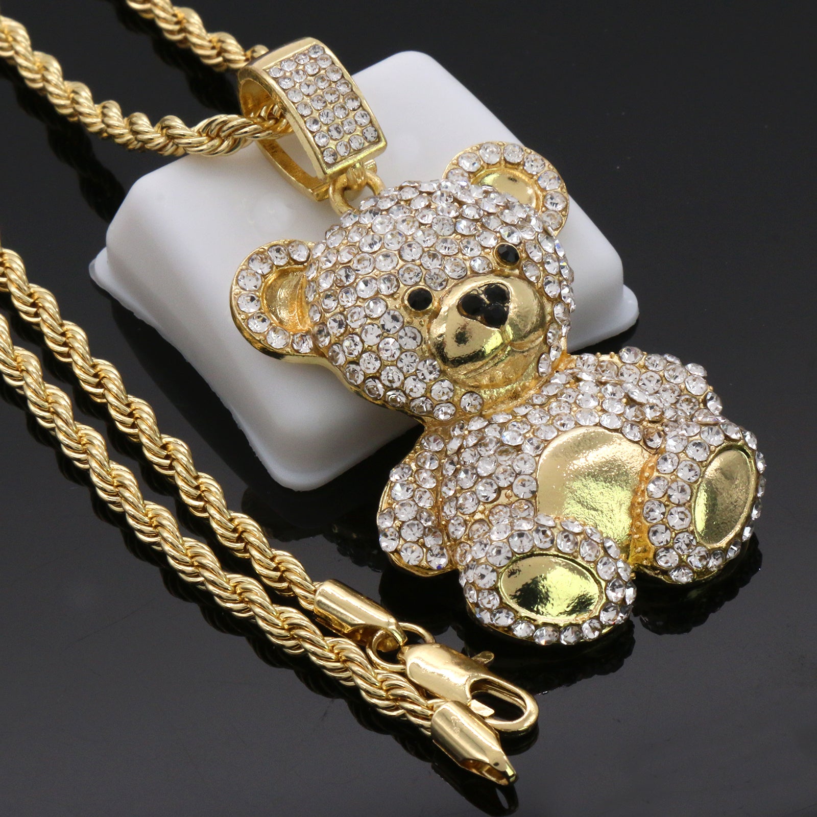Cz Teddy Bear Pendant 24"Inch 4mm Rope Chain