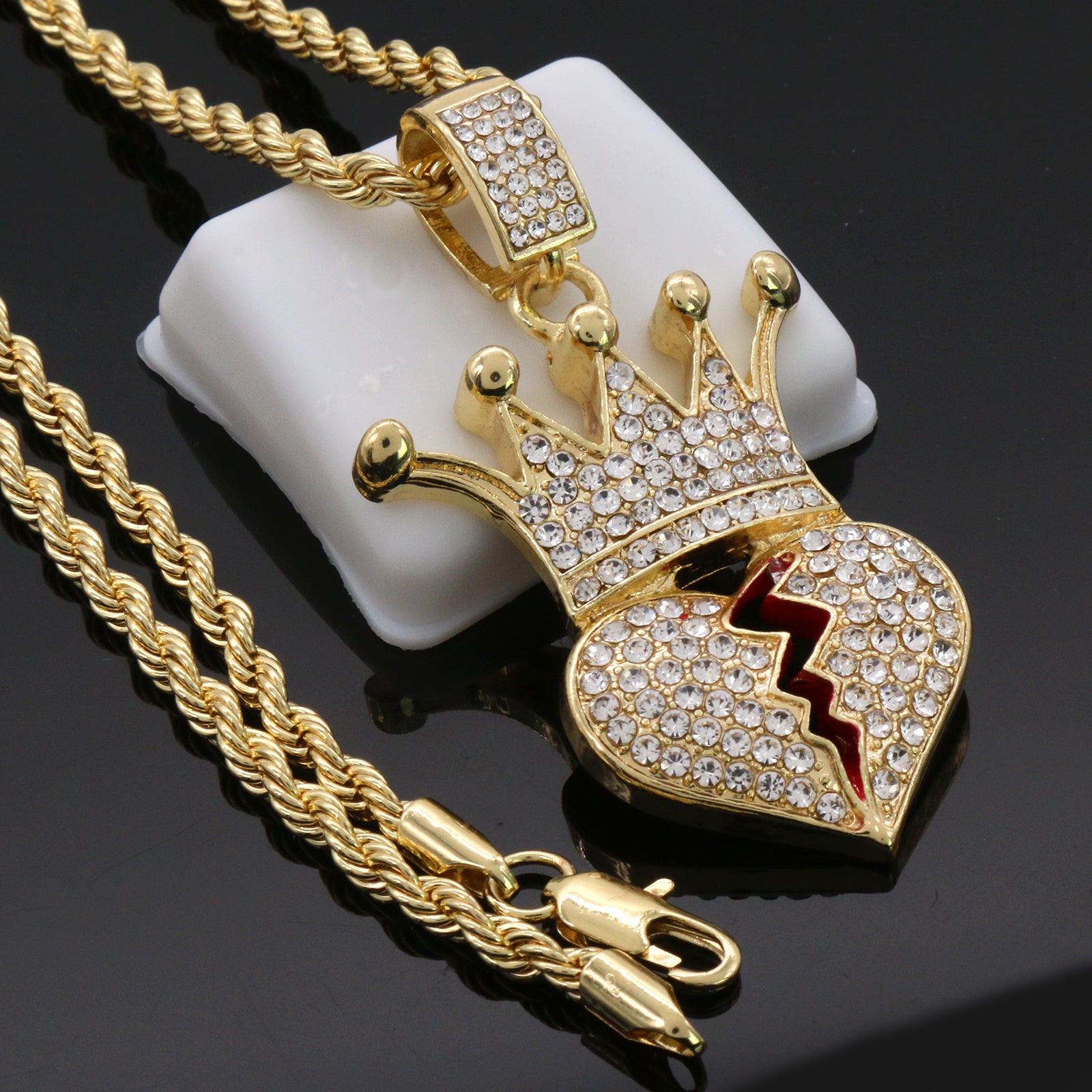 Cz Crown Broken Heart Pendant 24"Inch 4mm Rope Chain