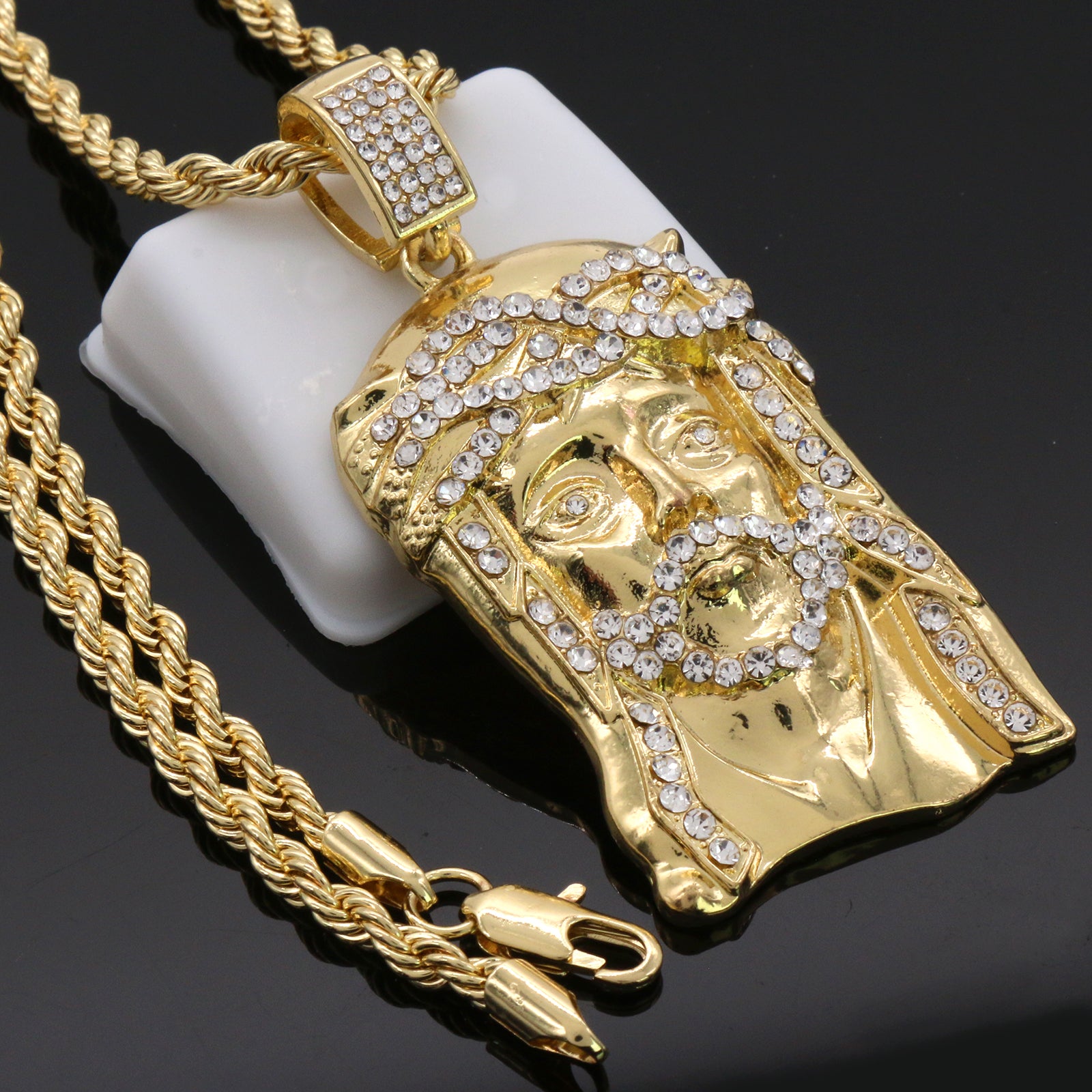 Cz Crown Jesus Face Pendant 24"Inch 4mm Rope Chain