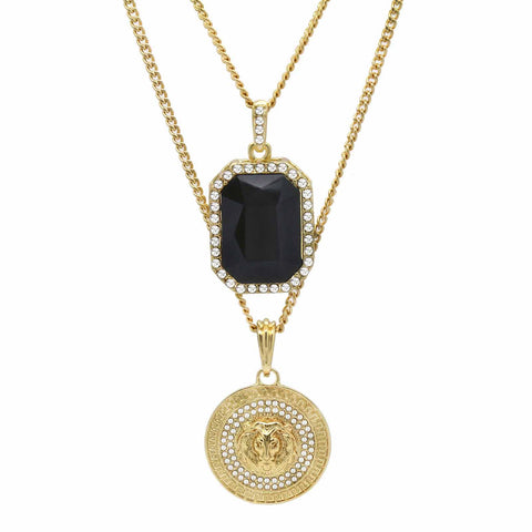 BLACK ONYX AND LION DOUBLE  PENDANT WITH CUBAN CHAIN