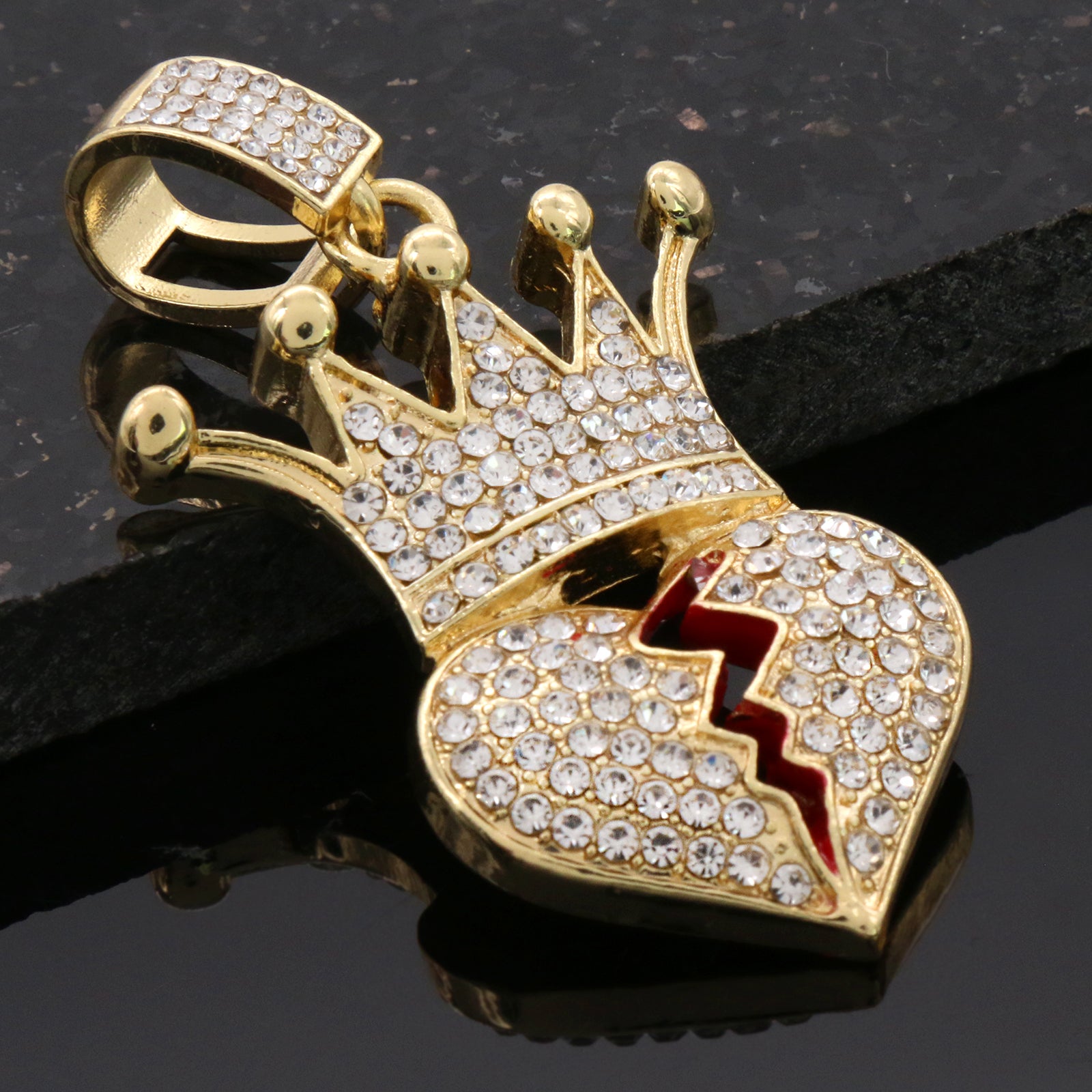 Cz Crown Broken Heart Pendant 24"Inch 4mm Rope Chain